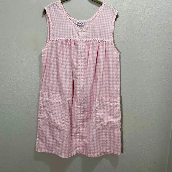 Vintage 1980s Blair Pink & White Gingham Sleeveless House Dress Womens Large - Picture 7 of 10